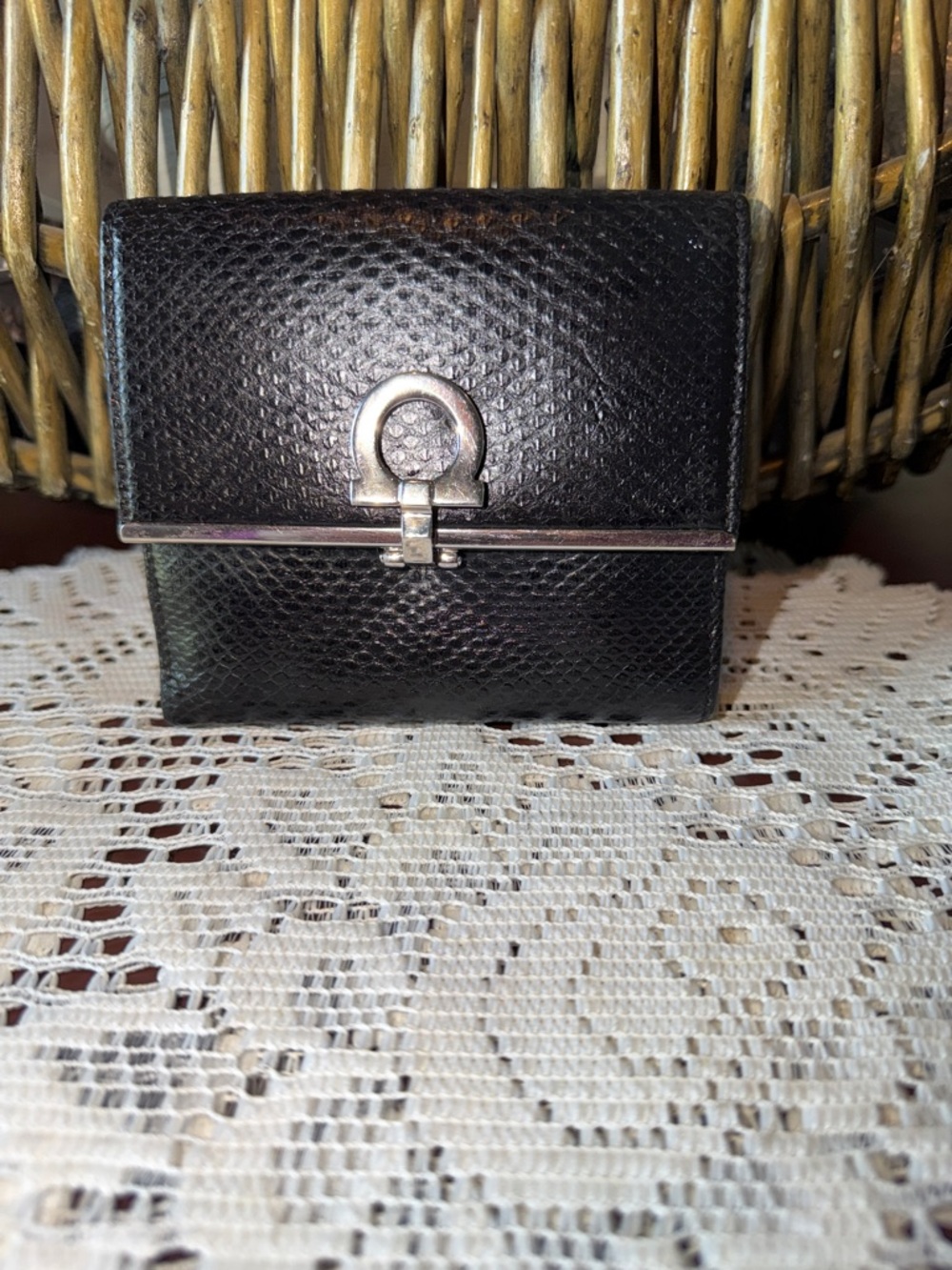 Salvatore Ferragamo Black Textured Leather Compact Wallet with Silver Hardware